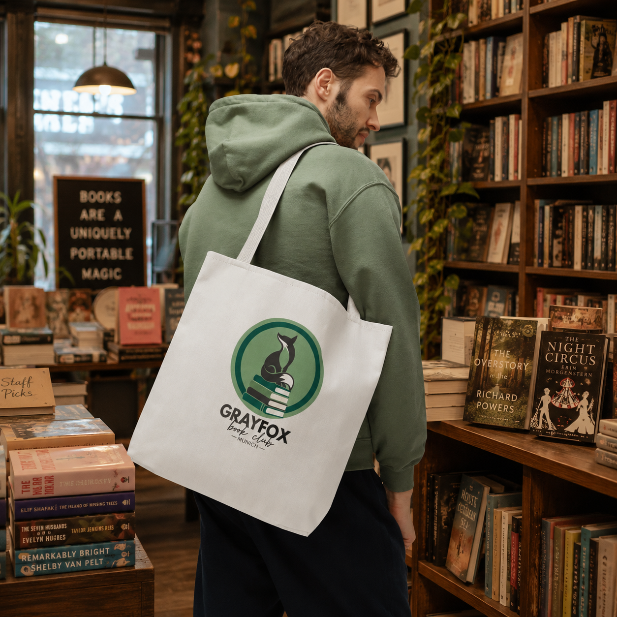 GrayFox Book Club Tote Bag — "Global Stories. Local Connections." Cotton Book Lover Tote